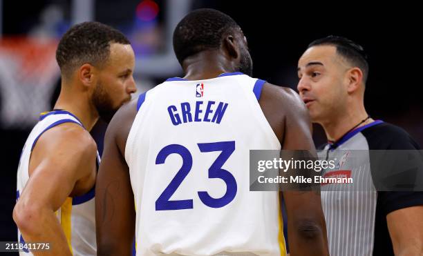 Draymond Green of the Golden State Warriors argues with a referee before being ejected during a game against the Orlando Magic at Kia Center on March...