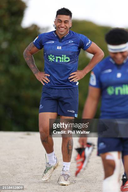 Rieko Ioane arrives for a Blues Super Rugby training session at Blues HQ on March 28, 2024 in Auckland, New Zealand.