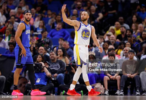 Stephen Curry of the Golden State Warriors looks on during a game against the Orlando Magic at Kia Center on March 27, 2024 in Orlando, Florida. NOTE...