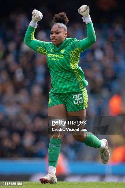 Manchester City goalkeeper Khiara Keating celebrates after their team's first goal during the Barclays Women's Super League match between Manchester...