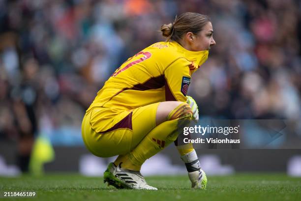 Manchester United goalkeeper Mary Earps reacts during the Barclays Women's Super League match between Manchester City and Manchester United at Etihad...