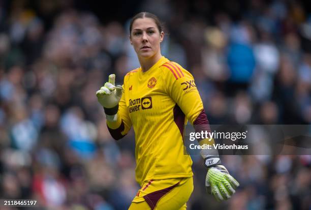 Manchester United goalkeeper Mary Earps reacts during the Barclays Women's Super League match between Manchester City and Manchester United at Etihad...