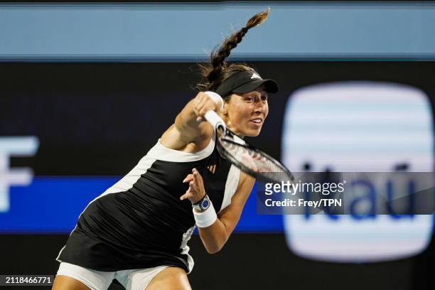 Jessica Pegula of the United States serves against Ekaterina Alexandrova of Russiain in the quarterfinals of the Miami Open at the Hard Rock Stadium...