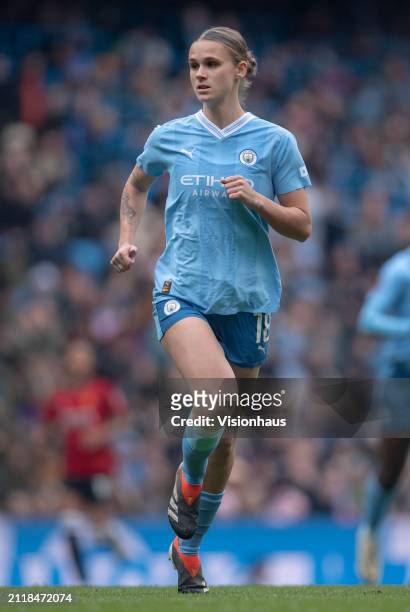 Kerstin Casparij of Manchester City in action during the Barclays Women's Super League match between Manchester City and Manchester United at Etihad...