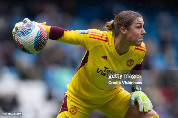 Manchester United goalkeeper Mary Earps in action during the Barclays Women's Super League match between Manchester City and Manchester United at...