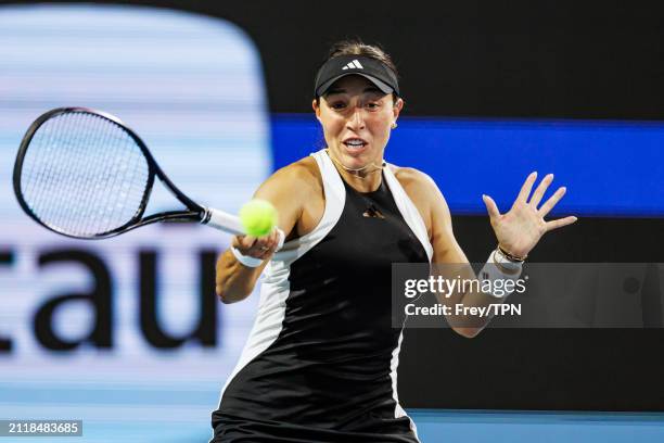 Jessica Pegula of the United States hits a forehand against Ekaterina Alexandrova of Russiain in the quarterfinals of the Miami Open at the Hard Rock...