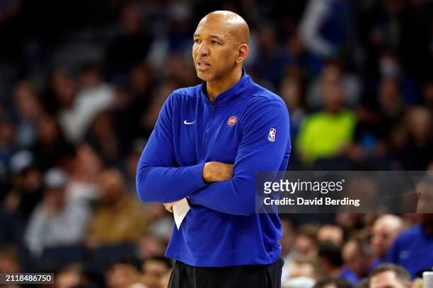 Head coach Monty Williams of the Detroit Pistons looks on against the Minnesota Timberwolves in the first quarter at Target Center on March 27, 2024...
