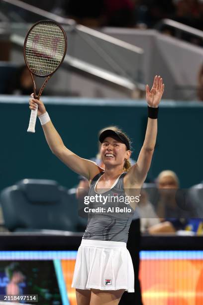 Ekaterina Alexandrova celebrates match point against Jessica Pegula during their match on Day 12 of the Miami Open at Hard Rock Stadium on March 27,...