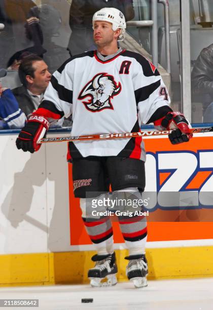 Martin Biron of the Buffalo Sabres skates against the Toronto Maple Leafs during NHL game action on March 6, 2004 at Air Canada Centre in Toronto,...