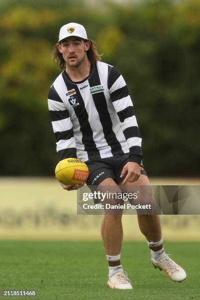 Jai Newcombe of the Hawks in action during a Hawthorn Hawks AFL training session at Waverley Park on March 28, 2024 in Melbourne, Australia.