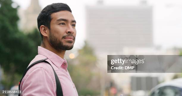 business man, thinking and travel in city for commute, transportation and ideas in job opportunity or career. person, worker or with outdoor inspiration, goals or ideas for startup and mockup space - mid adult stock pictures, royalty-free photos & images