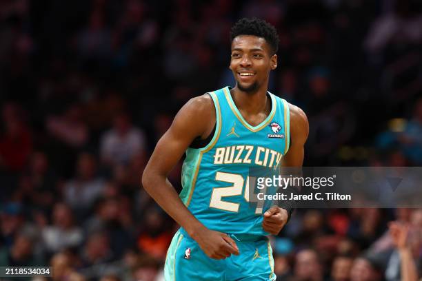 Brandon Miller of the Charlotte Hornets reacts during the second half of the game against the Cleveland Cavaliers at Spectrum Center on March 27,...