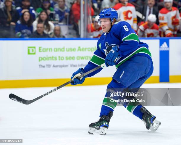 Brock Boeser of the Vancouver Canucks takes a shot during the first period of their NHL game against the Calgary Flames at Rogers Arena on March 23,...