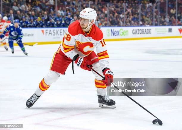 Greer of the Calgary Flames skates during the second period of their NHL game against the Vancouver Canucks at Rogers Arena on March 23, 2024 in...