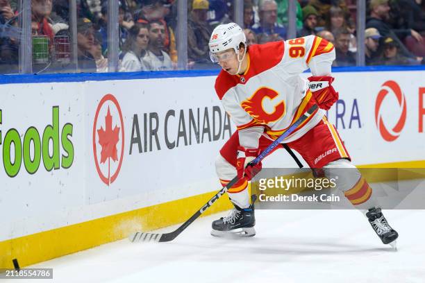 Andrei Kuzmenko of the Calgary Flames skates during the second period of their NHL game against the Vancouver Canucks at Rogers Arena on March 23,...