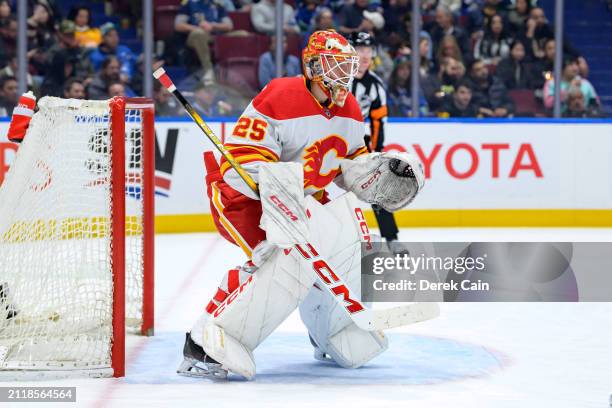 Jacob Markstrom of the Calgary Flames in net during the third period of their NHL game against the Vancouver Canucks at Rogers Arena on March 23,...