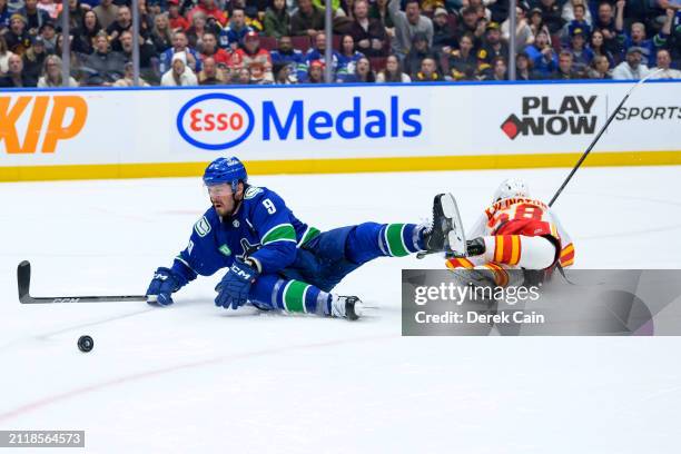 Miller of the Vancouver Canucks is tripped by Oliver Kylington of the Calgary Flames during the third period of their NHL game at Rogers Arena on...