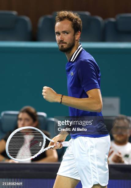 Daniil Medvedev celebrates winning the first set against Nicolas Jarry of Chile during their match on Day 12 of the Miami Open at Hard Rock Stadium...