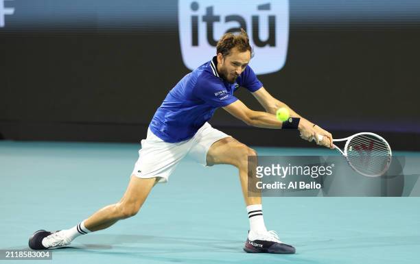 Daniil Medvedev returns a shot against Nicolas Jarry of Chileduring their match on Day 12 of the Miami Open at Hard Rock Stadium on March 27, 2024 in...