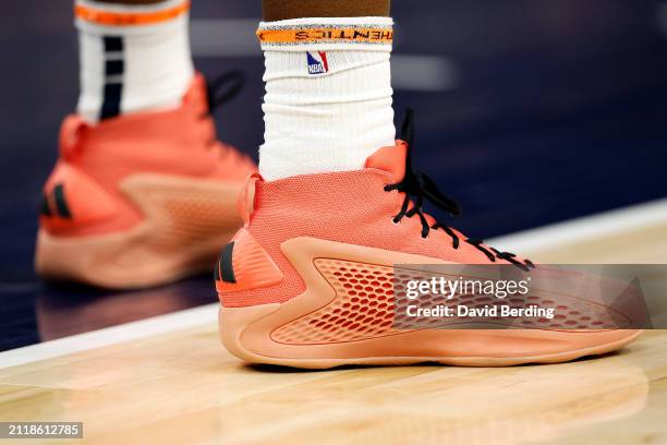 View of the Adidas sneakers worn by Anthony Edwards of the Minnesota Timberwolves against the Detroit Pistons in the first quarter at Target Center...