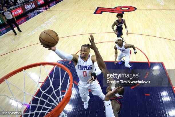 Russell Westbrook of the LA Clippers shoots a lay up past Paul Reed of the Philadelphia 76ers during the first quarter at the Wells Fargo Center on...