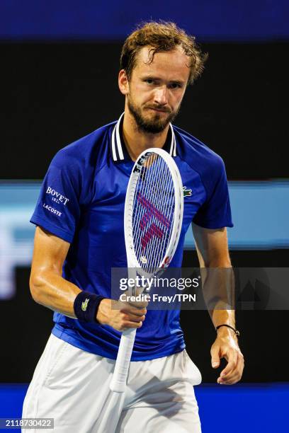 Daniil Medvedev of Russia celebrates against Nicolas Jarry of Chile in the quarterfinals of the Miami Open at the Hard Rock Stadium on March 27, 2024...
