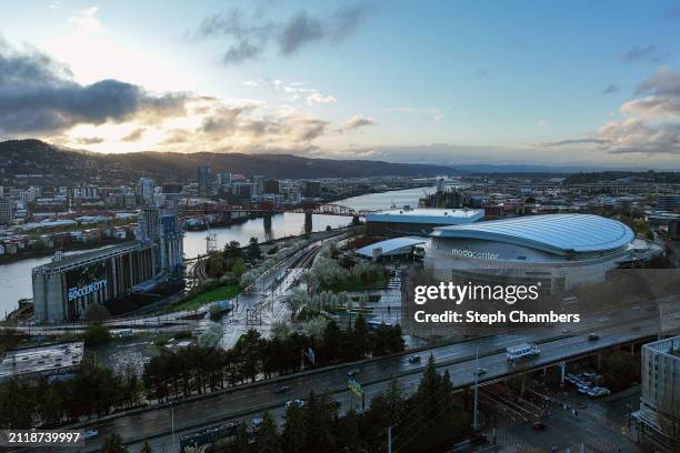 An aerial view of the Moda Center ahead of the Sweet 16 and Elite Eight rounds of the NCAA Women's Basketball Tournament on March 27, 2024 in...