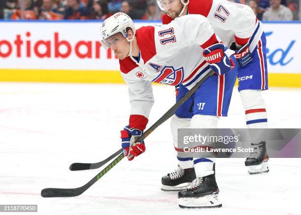 Brendan Gallagher of the Montreal Canadiens set for a defensive face off in the second period against the Edmonton Oilers on March 19, 2024 at Rogers...