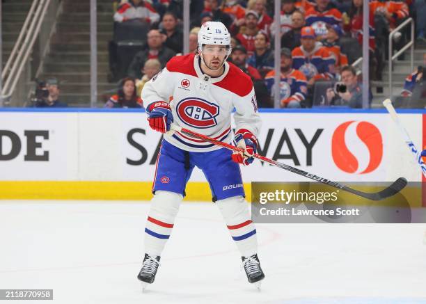 Alex Newhook of the Montreal Canadiens tracks the play from the slot in the second period against the Edmonton Oilers on March 19, 2024 at Rogers...