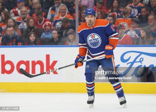 Cody Ceci of the Edmonton Oilers sets up for an outlet pass in the first period against the Montreal Canadiens on March 19, 2024 at Rogers Place in...