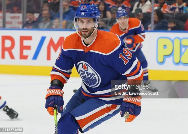 Adam Henrique of the Edmonton Oilers tracks the play in the second period against the Montreal Canadiens on March 19, 2024 at Rogers Place in...