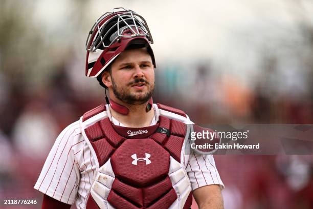 Cole Messina of the South Carolina Gamecocks looks on against the Vanderbilt Commodores in the ninth inning during the first game of their double...
