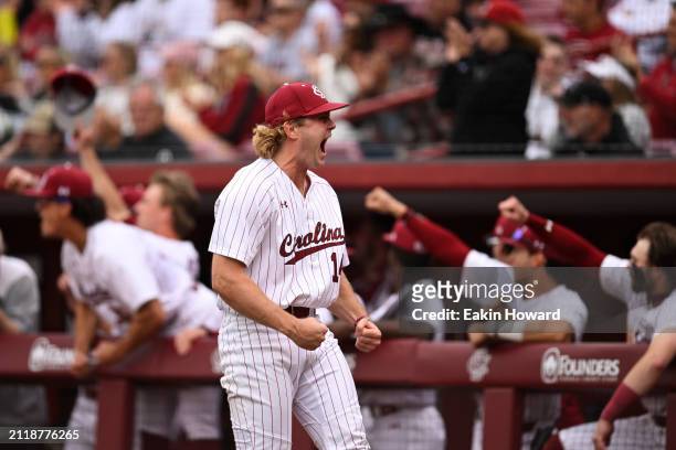 Eli Jones of the South Carolina Gamecocks celebrates against the Vanderbilt Commodores in the seventh inning during the first game of their double...