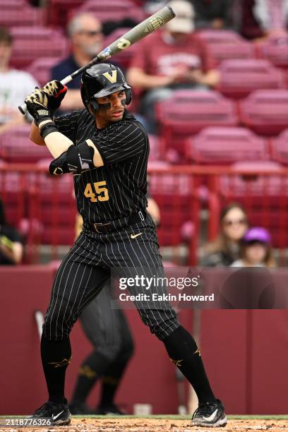 Alan Espinal of the Vanderbilt Commodores prepares to bat against the South Carolina Gamecocks in the fourth inning during the first game of their...