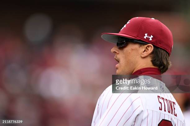 Evan Stone of the South Carolina Gamecocks looks on against the Vanderbilt Commodores in the fourth inning during the first game of their double...