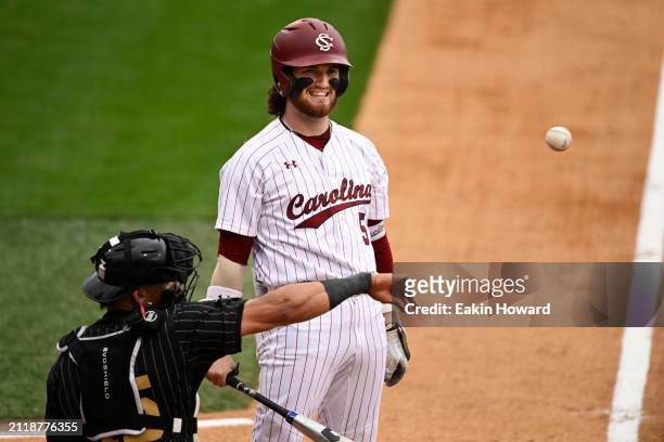 Talmadge LeCroy of the South Carolina Gamecocks reacts after his strike against the Vanderbilt Commodores in the third inning during the first game...