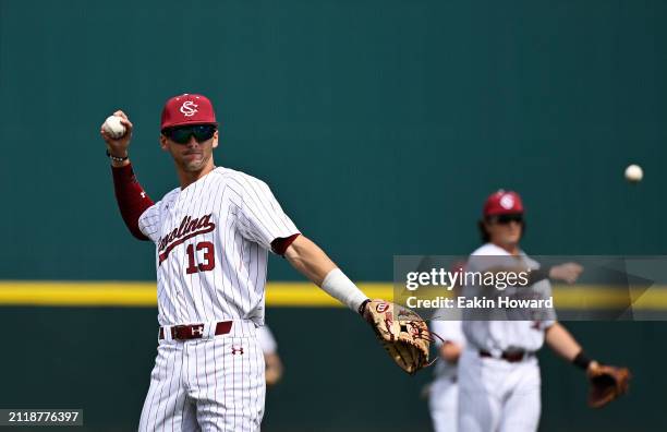 Will Tippett of the South Carolina Gamecocks warms up before their game against the Vanderbilt Commodores during the first game of their double...