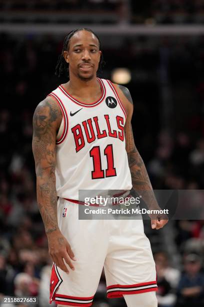 DeMar DeRozan of the Chicago Bulls reacts during the second half against the Indiana Pacers at the United Center on March 27, 2024 in Chicago,...