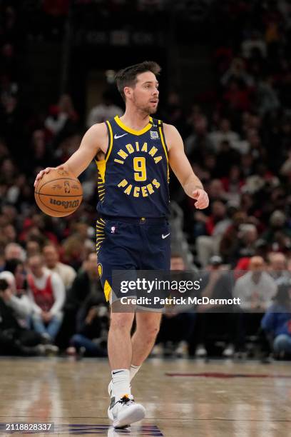 McConnell of the Indiana Pacers dribbles the ball during the second half against the Chicago Bulls at the United Center on March 27, 2024 in Chicago,...