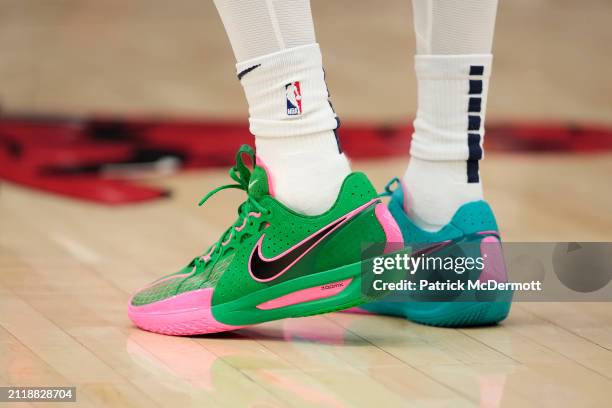 Detail view of the Nike basketball shoes worn by Tyrese Haliburton of the Indiana Pacers during the second half against the Chicago Bulls at the...