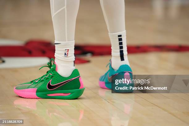 Detail view of the Nike basketball shoes worn by Tyrese Haliburton of the Indiana Pacers during the second half against the Chicago Bulls at the...