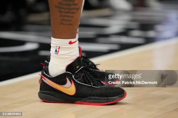 Detail view of the Nike basketball shoes worn by Coby White of the Chicago Bulls during the first half against the Indiana Pacers at the United...
