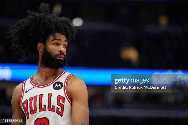 Coby White of the Chicago Bulls looks on during the first half against the Indiana Pacers at the United Center on March 27, 2024 in Chicago,...