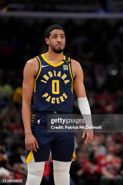 Tyrese Haliburton of the Indiana Pacers looks on during the second half against the Chicago Bulls at the United Center on March 27, 2024 in Chicago,...