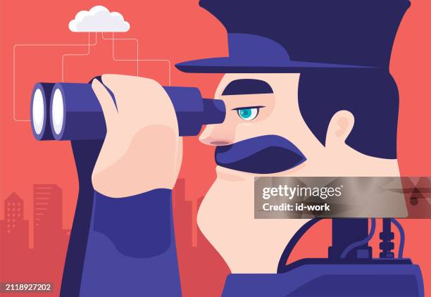 robot security guard observing with binoculars - essential workers vector stock illustrations