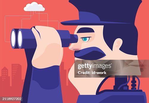 Robot security guard observing with binoculars Robot security guard observing with binoculars