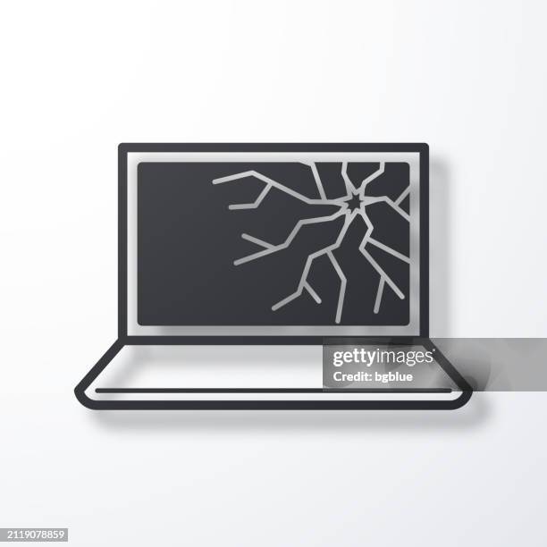 laptop with broken screen. icon with shadow on white background - broken sign stock illustrations