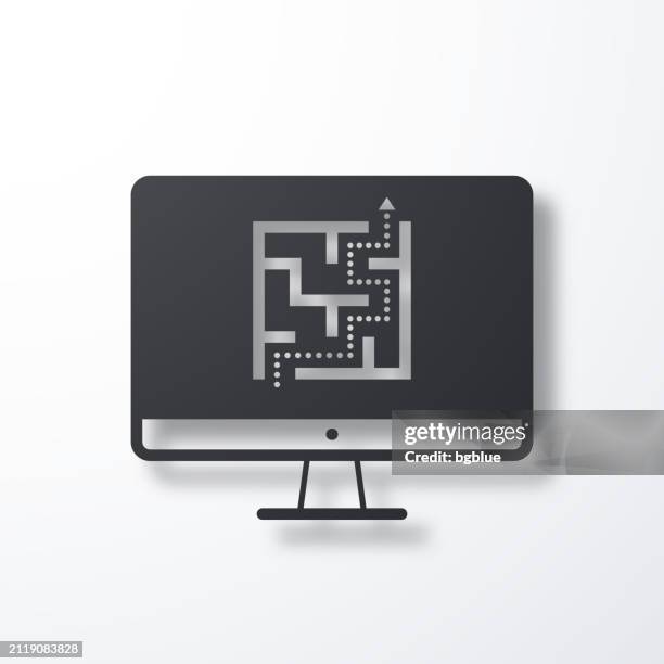 desktop computer with maze. icon with shadow on white background - game interface stock illustrations