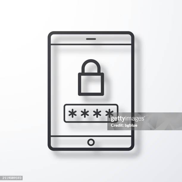 tablet pc with password. line icon with shadow on white background - security code stock illustrations