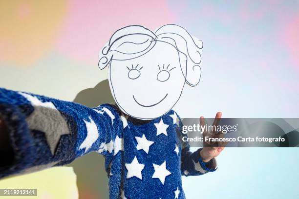 girl wear homemade cardboard mask and take a selfie - photo messaging stock pictures, royalty-free photos & images